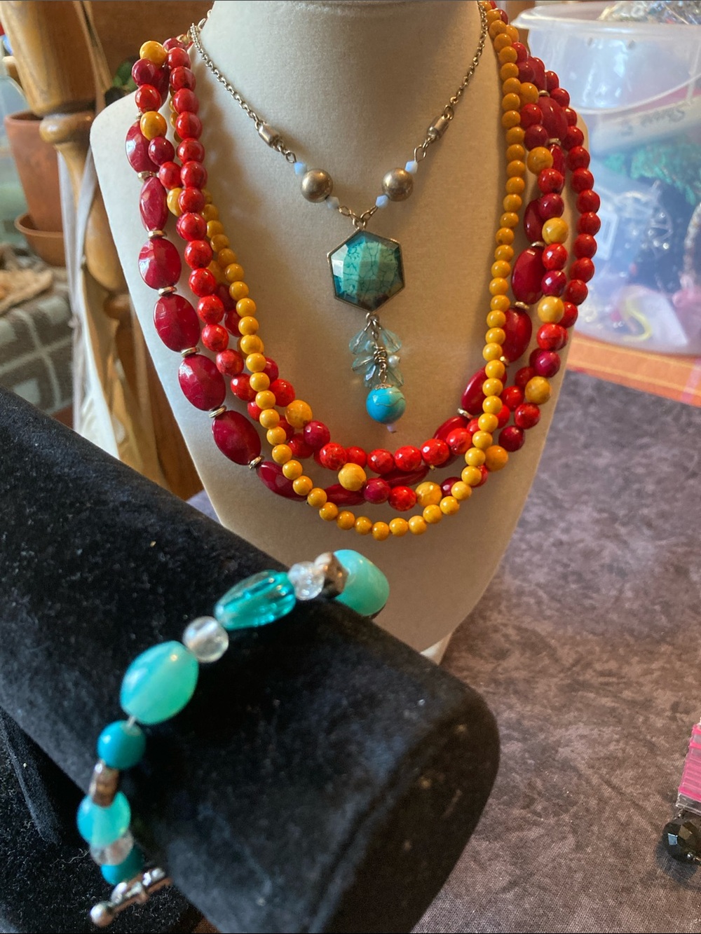 Jewelry Lot Vibrant Beaded Necklace & Bracelet + Pendant Necklace